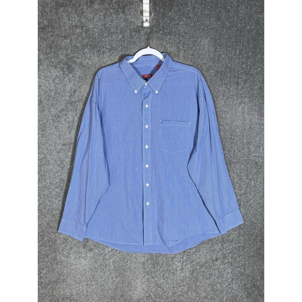 Izod Button Down Shirt Mens Size XXL Blue Plaid Cotton Pocket Long Sleeve Office